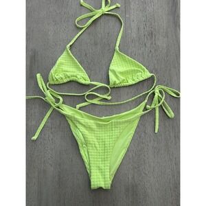 Bond-Eye Neon Lime Green Textured Waffle Knit Triangle Side Tie Bikini Set